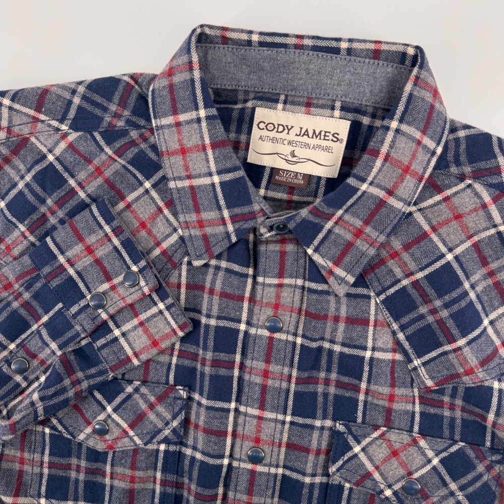 Cody James Western Shirt Mens M Blue Red Plaid Flannel Snap Front Long Sleeve